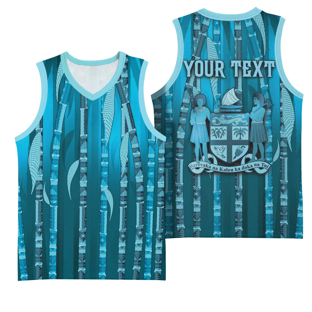 Personalised Fiji Language Week Sugarcane Masi Basketball Jersey Blue Tapa Tribal Pattern DT05 - Polynesian Pride