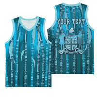 Personalised Fiji Language Week Sugarcane Masi Basketball Jersey Blue Tapa Tribal Pattern DT05 - Polynesian Pride