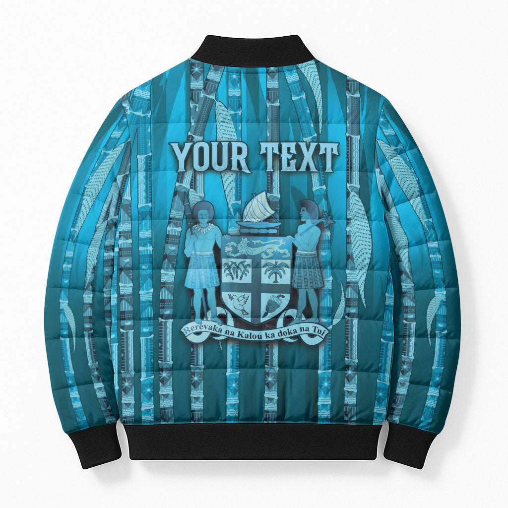 Personalised Fiji Language Week Sugarcane Masi Bomber Puffer Jacket Blue Tapa Tribal Pattern DT05 - Polynesian Pride