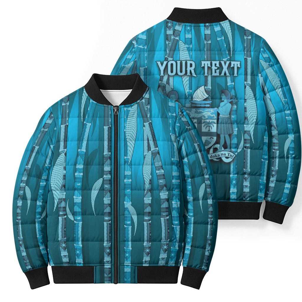 Personalised Fiji Language Week Sugarcane Masi Bomber Puffer Jacket Blue Tapa Tribal Pattern DT05 - Polynesian Pride