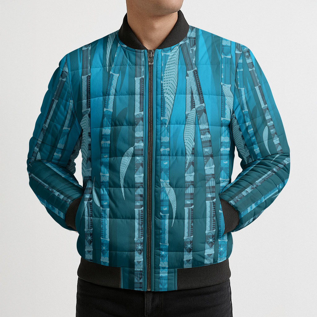 Personalised Fiji Language Week Sugarcane Masi Bomber Puffer Jacket Blue Tapa Tribal Pattern DT05 - Polynesian Pride
