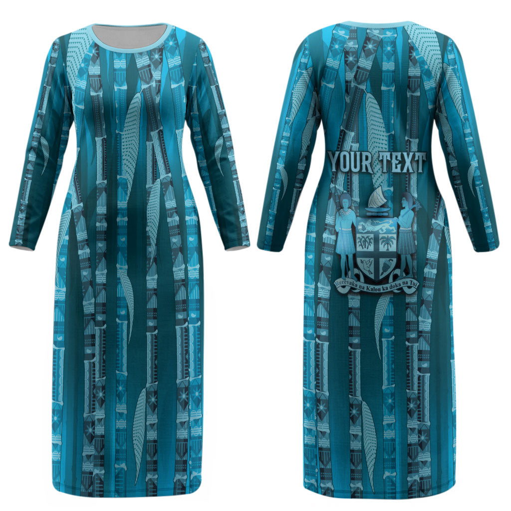 Personalised Fiji Language Week Sugarcane Masi Couples Matching Long Sleeve Bodycon Dress and Hawaiian Shirt Blue Tapa Tribal Pattern DT05 - Polynesian Pride