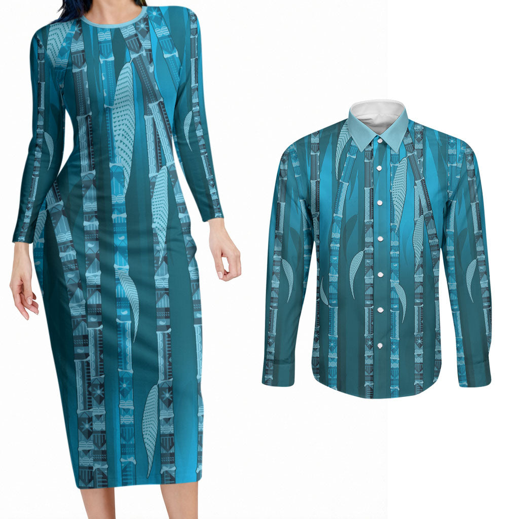 Personalised Fiji Language Week Sugarcane Masi Couples Matching Long Sleeve Bodycon Dress and Long Sleeve Button Shirt Blue Tapa Tribal Pattern DT05 Blue - Polynesian Pride