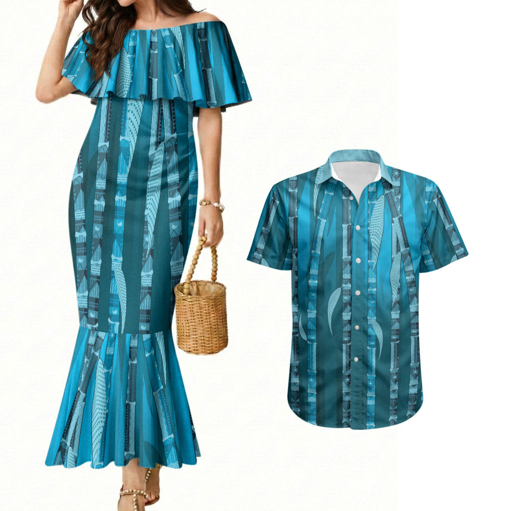 Personalised Fiji Language Week Sugarcane Masi Couples Matching Mermaid Dress and Hawaiian Shirt Blue Tapa Tribal Pattern DT05 Blue - Polynesian Pride