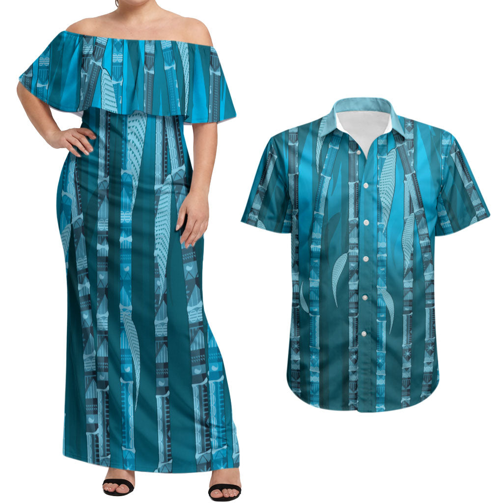 Personalised Fiji Language Week Sugarcane Masi Couples Matching Off Shoulder Maxi Dress and Hawaiian Shirt Blue Tapa Tribal Pattern DT05 Blue - Polynesian Pride