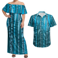 Personalised Fiji Language Week Sugarcane Masi Couples Matching Off Shoulder Maxi Dress and Hawaiian Shirt Blue Tapa Tribal Pattern DT05 Blue - Polynesian Pride