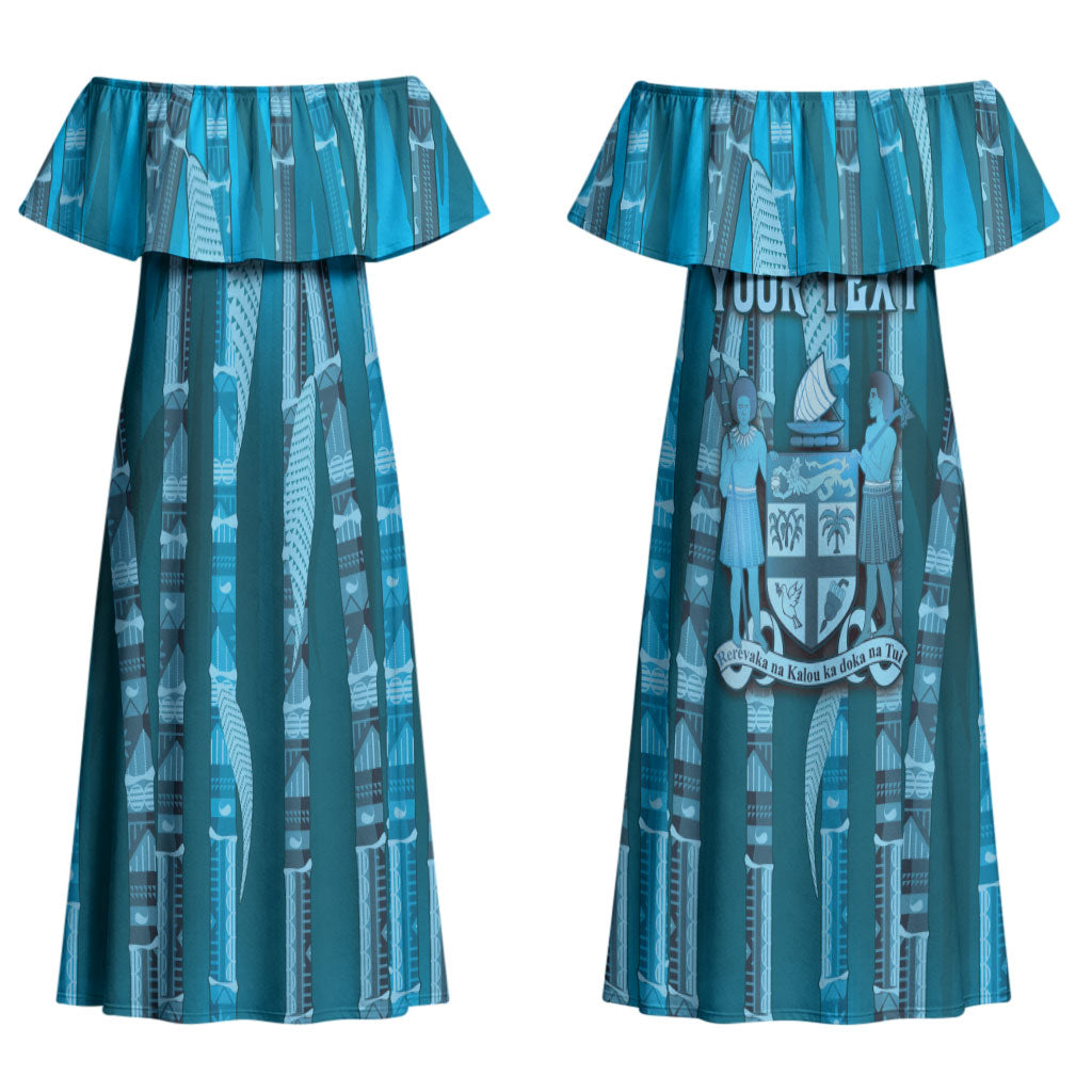 Personalised Fiji Language Week Sugarcane Masi Couples Matching Off Shoulder Maxi Dress and Hawaiian Shirt Blue Tapa Tribal Pattern DT05 - Polynesian Pride