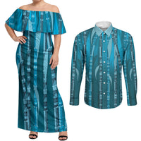 Personalised Fiji Language Week Sugarcane Masi Couples Matching Off Shoulder Maxi Dress and Long Sleeve Button Shirt Blue Tapa Tribal Pattern DT05 Blue - Polynesian Pride
