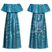 Personalised Fiji Language Week Sugarcane Masi Couples Matching Off Shoulder Maxi Dress and Long Sleeve Button Shirt Blue Tapa Tribal Pattern DT05 - Polynesian Pride
