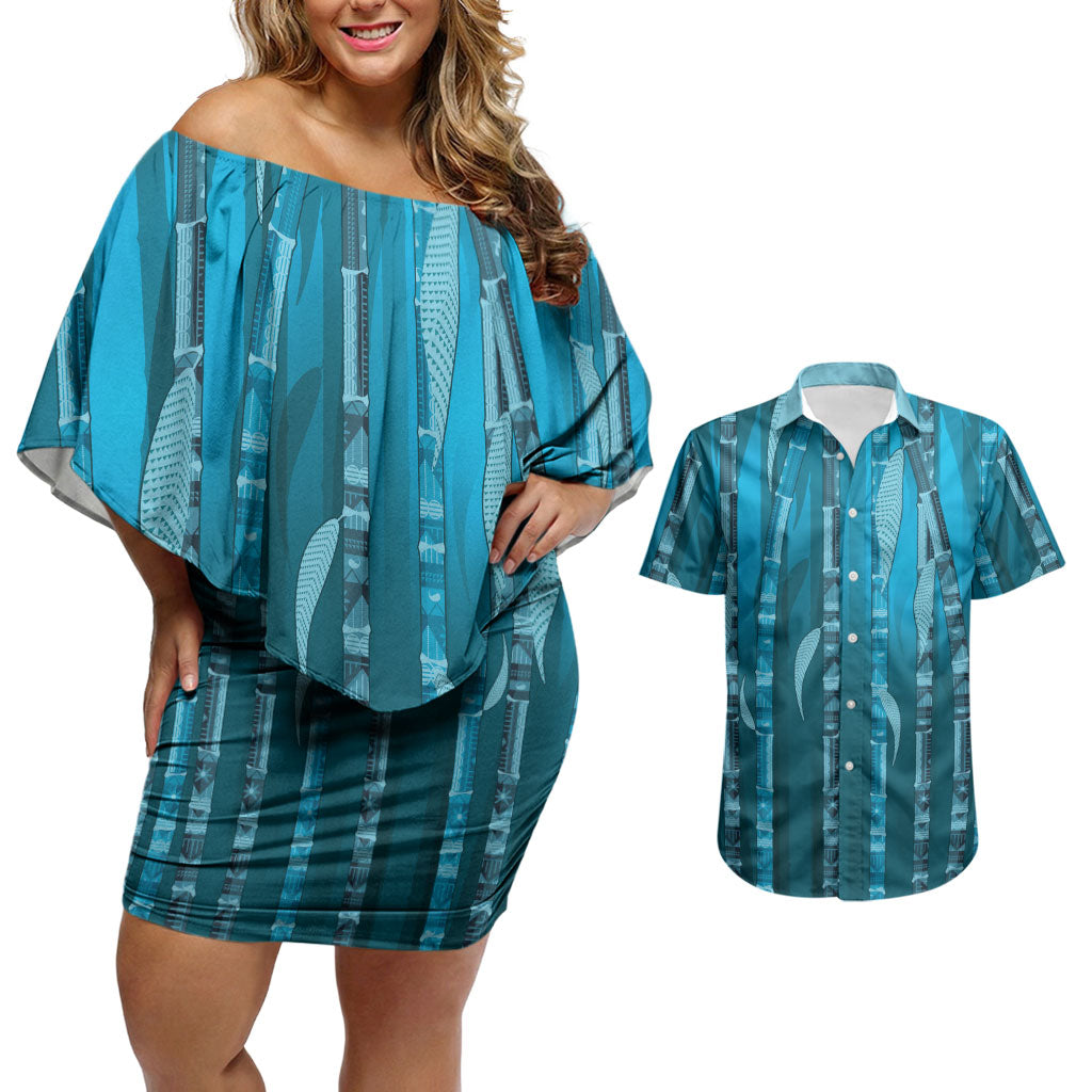 Personalised Fiji Language Week Sugarcane Masi Couples Matching Off Shoulder Short Dress and Hawaiian Shirt Blue Tapa Tribal Pattern DT05 Blue - Polynesian Pride