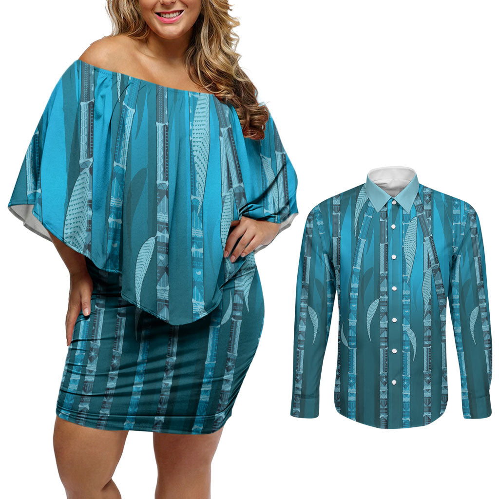 Personalised Fiji Language Week Sugarcane Masi Couples Matching Off Shoulder Short Dress and Long Sleeve Button Shirt Blue Tapa Tribal Pattern DT05 Blue - Polynesian Pride