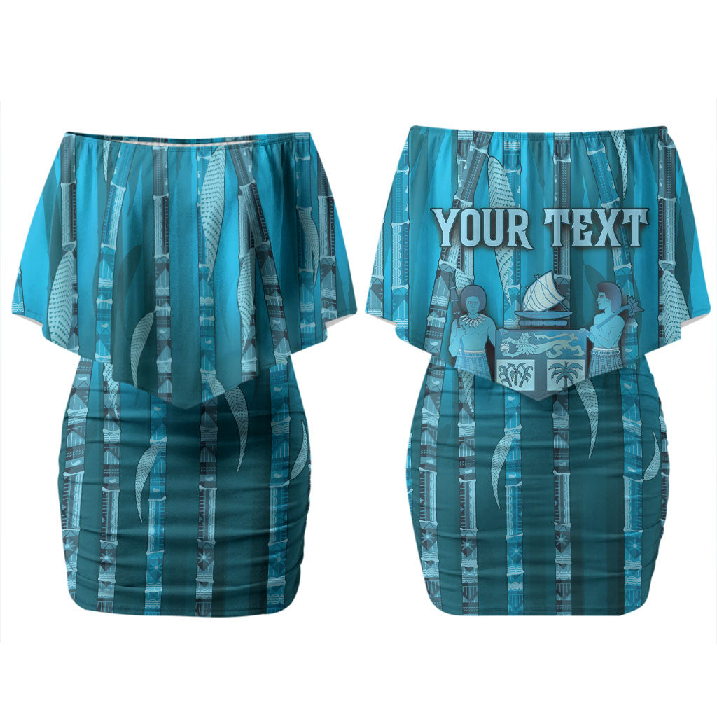 Personalised Fiji Language Week Sugarcane Masi Couples Matching Off Shoulder Short Dress and Long Sleeve Button Shirt Blue Tapa Tribal Pattern DT05 - Polynesian Pride