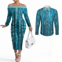 Personalised Fiji Language Week Sugarcane Masi Couples Matching Off The Shoulder Long Sleeve Dress and Long Sleeve Button Shirt Blue Tapa Tribal Pattern DT05 Blue - Polynesian Pride