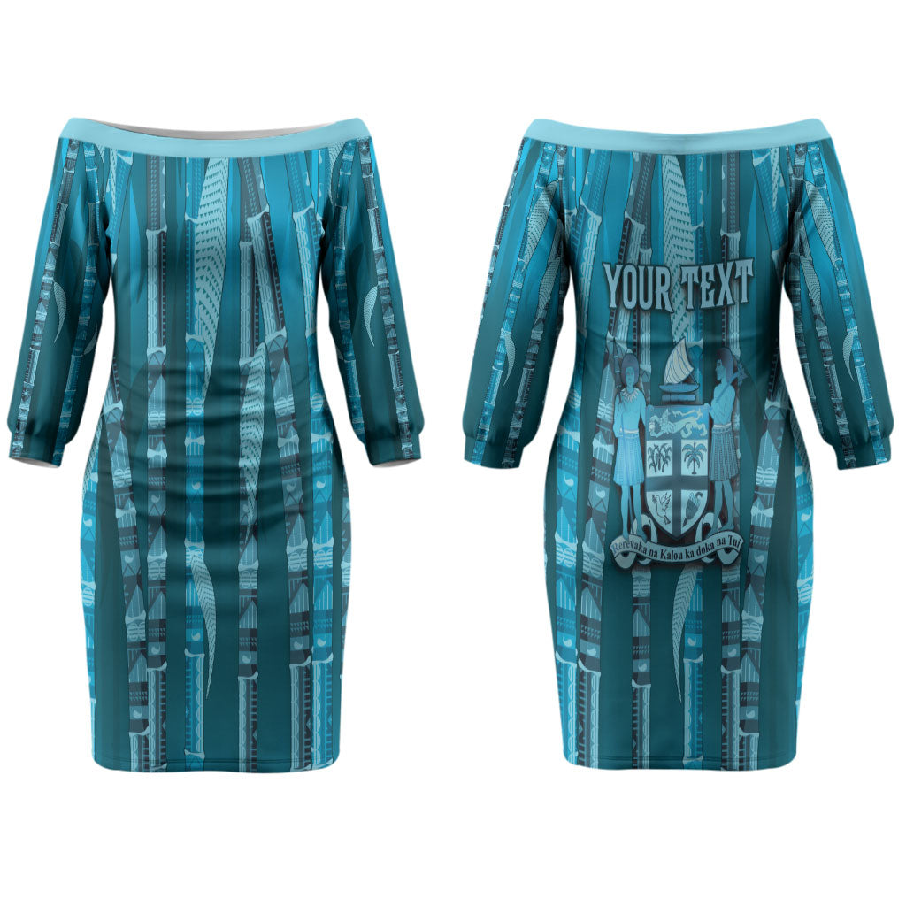 Personalised Fiji Language Week Sugarcane Masi Couples Matching Off The Shoulder Long Sleeve Dress and Long Sleeve Button Shirt Blue Tapa Tribal Pattern DT05 - Polynesian Pride