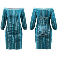 Personalised Fiji Language Week Sugarcane Masi Couples Matching Off The Shoulder Long Sleeve Dress and Long Sleeve Button Shirt Blue Tapa Tribal Pattern DT05 - Polynesian Pride