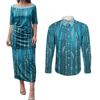Personalised Fiji Language Week Sugarcane Masi Couples Matching Puletasi and Long Sleeve Button Shirt Blue Tapa Tribal Pattern DT05 Blue - Polynesian Pride