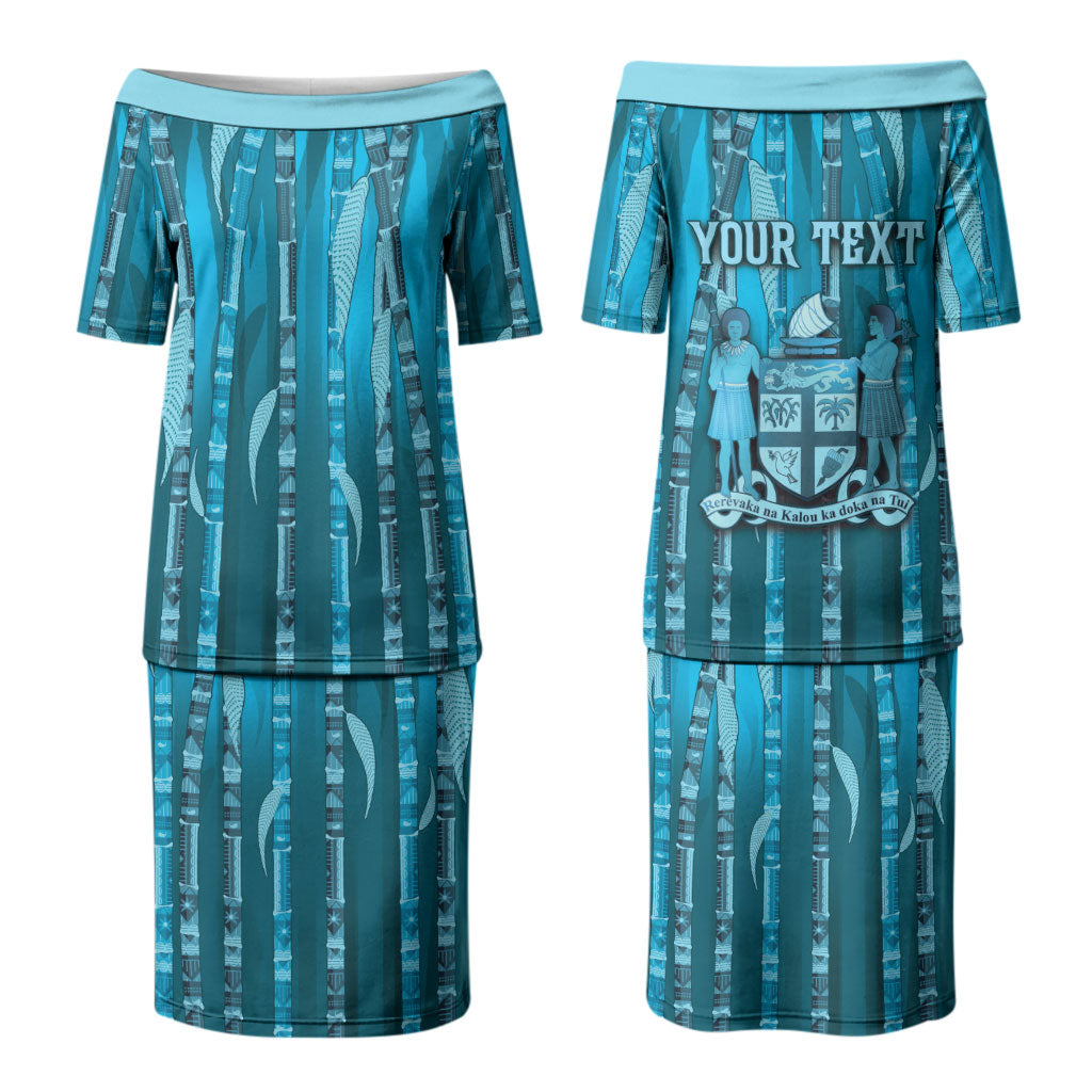 Personalised Fiji Language Week Sugarcane Masi Couples Matching Puletasi and Long Sleeve Button Shirt Blue Tapa Tribal Pattern DT05 - Polynesian Pride