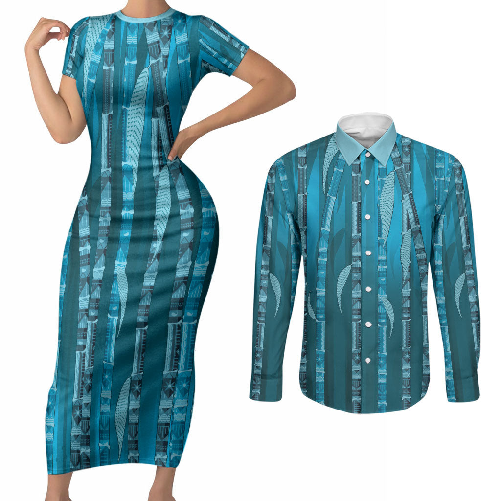 Personalised Fiji Language Week Sugarcane Masi Couples Matching Short Sleeve Bodycon Dress and Long Sleeve Button Shirt Blue Tapa Tribal Pattern DT05 Blue - Polynesian Pride