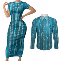 Personalised Fiji Language Week Sugarcane Masi Couples Matching Short Sleeve Bodycon Dress and Long Sleeve Button Shirt Blue Tapa Tribal Pattern DT05 Blue - Polynesian Pride