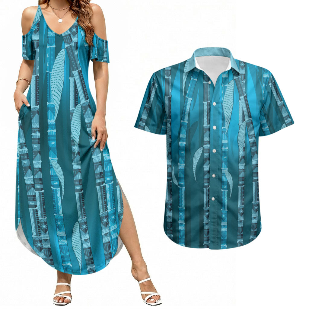 Personalised Fiji Language Week Sugarcane Masi Couples Matching Summer Maxi Dress and Hawaiian Shirt Blue Tapa Tribal Pattern DT05 Blue - Polynesian Pride