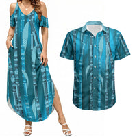 Personalised Fiji Language Week Sugarcane Masi Couples Matching Summer Maxi Dress and Hawaiian Shirt Blue Tapa Tribal Pattern DT05 Blue - Polynesian Pride