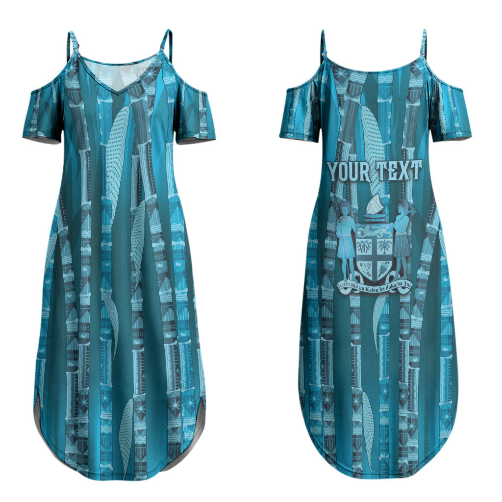 Personalised Fiji Language Week Sugarcane Masi Couples Matching Summer Maxi Dress and Hawaiian Shirt Blue Tapa Tribal Pattern DT05 - Polynesian Pride