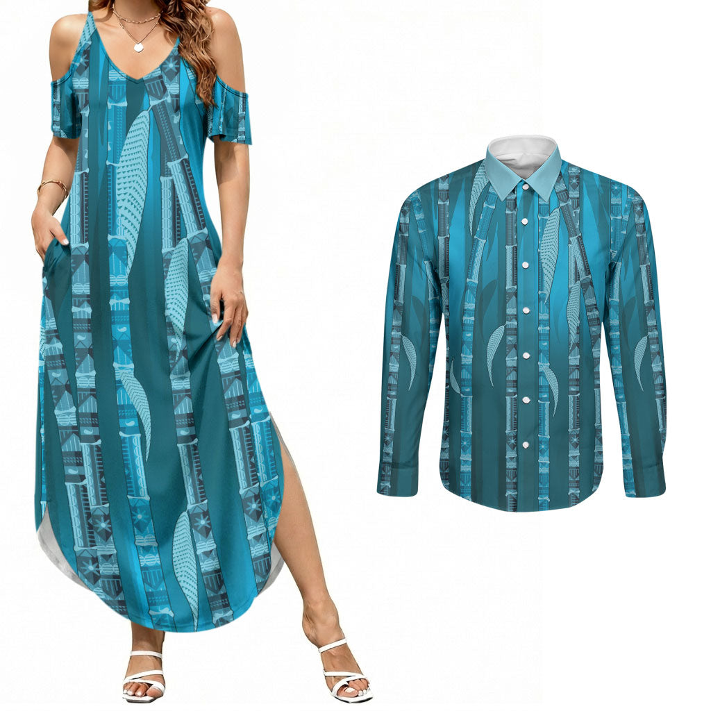 Personalised Fiji Language Week Sugarcane Masi Couples Matching Summer Maxi Dress and Long Sleeve Button Shirt Blue Tapa Tribal Pattern DT05 Blue - Polynesian Pride