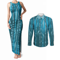 Personalised Fiji Language Week Sugarcane Masi Couples Matching Tank Maxi Dress and Long Sleeve Button Shirt Blue Tapa Tribal Pattern DT05 Blue - Polynesian Pride