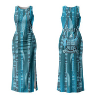 Personalised Fiji Language Week Sugarcane Masi Couples Matching Tank Maxi Dress and Long Sleeve Button Shirt Blue Tapa Tribal Pattern DT05 - Polynesian Pride