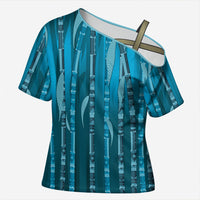 Personalised Fiji Language Week Sugarcane Masi Cross Shoulder Shirt Blue Tapa Tribal Pattern DT05 Female Blue - Polynesian Pride