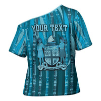 Personalised Fiji Language Week Sugarcane Masi Cross Shoulder Shirt Blue Tapa Tribal Pattern DT05 - Polynesian Pride