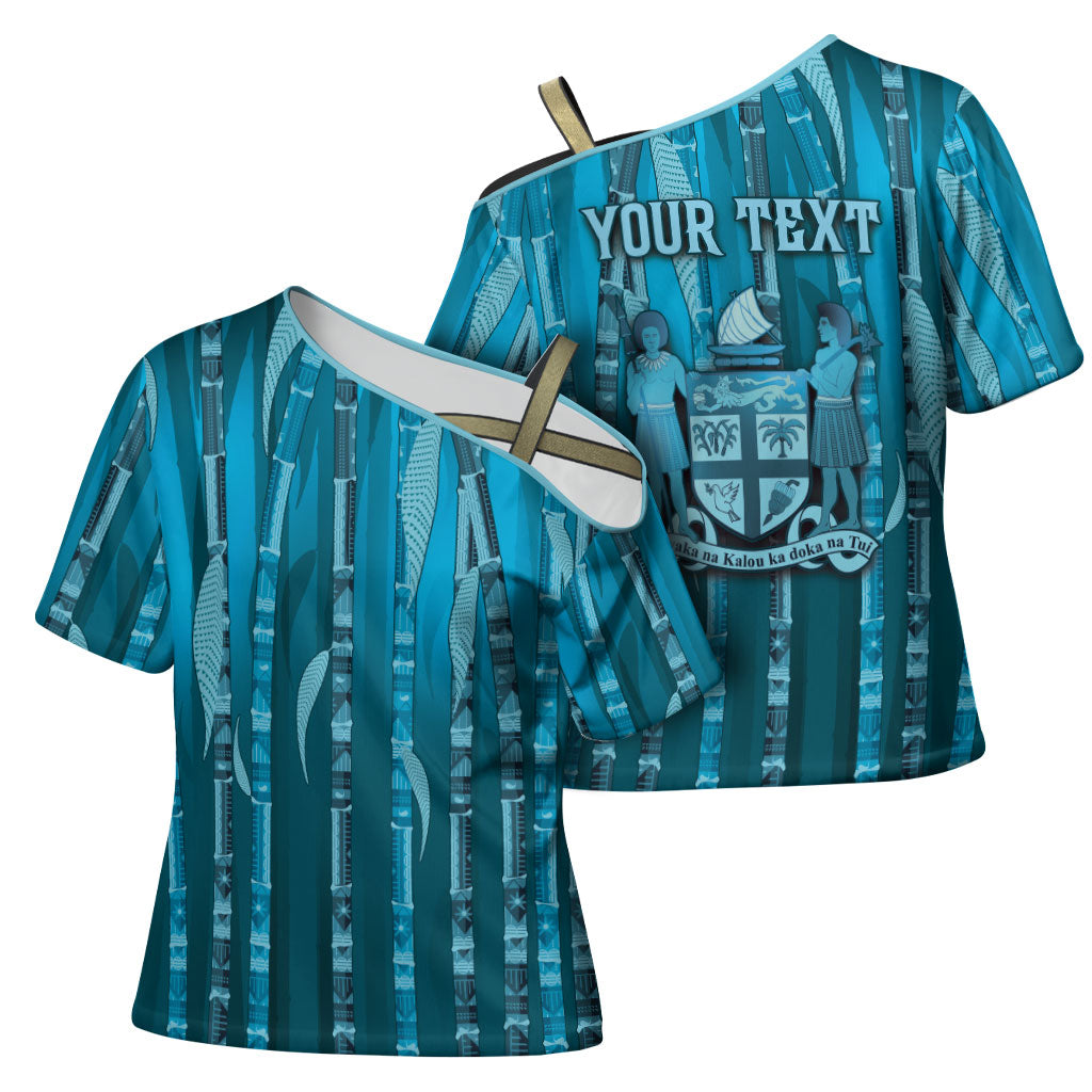 Personalised Fiji Language Week Sugarcane Masi Cross Shoulder Shirt Blue Tapa Tribal Pattern DT05 - Polynesian Pride