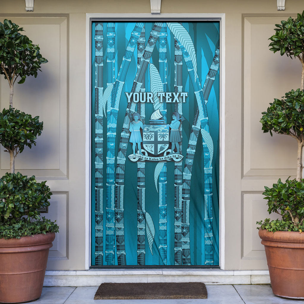 Personalised Fiji Language Week Sugarcane Masi Door Cover Blue Tapa Tribal Pattern DT05 Blue - Polynesian Pride