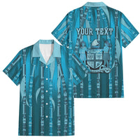 Personalised Fiji Language Week Sugarcane Masi Family Matching Off Shoulder Short Dress and Hawaiian Shirt Blue Tapa Tribal Pattern DT05 Dad's Shirt - Short Sleeve Blue - Polynesian Pride