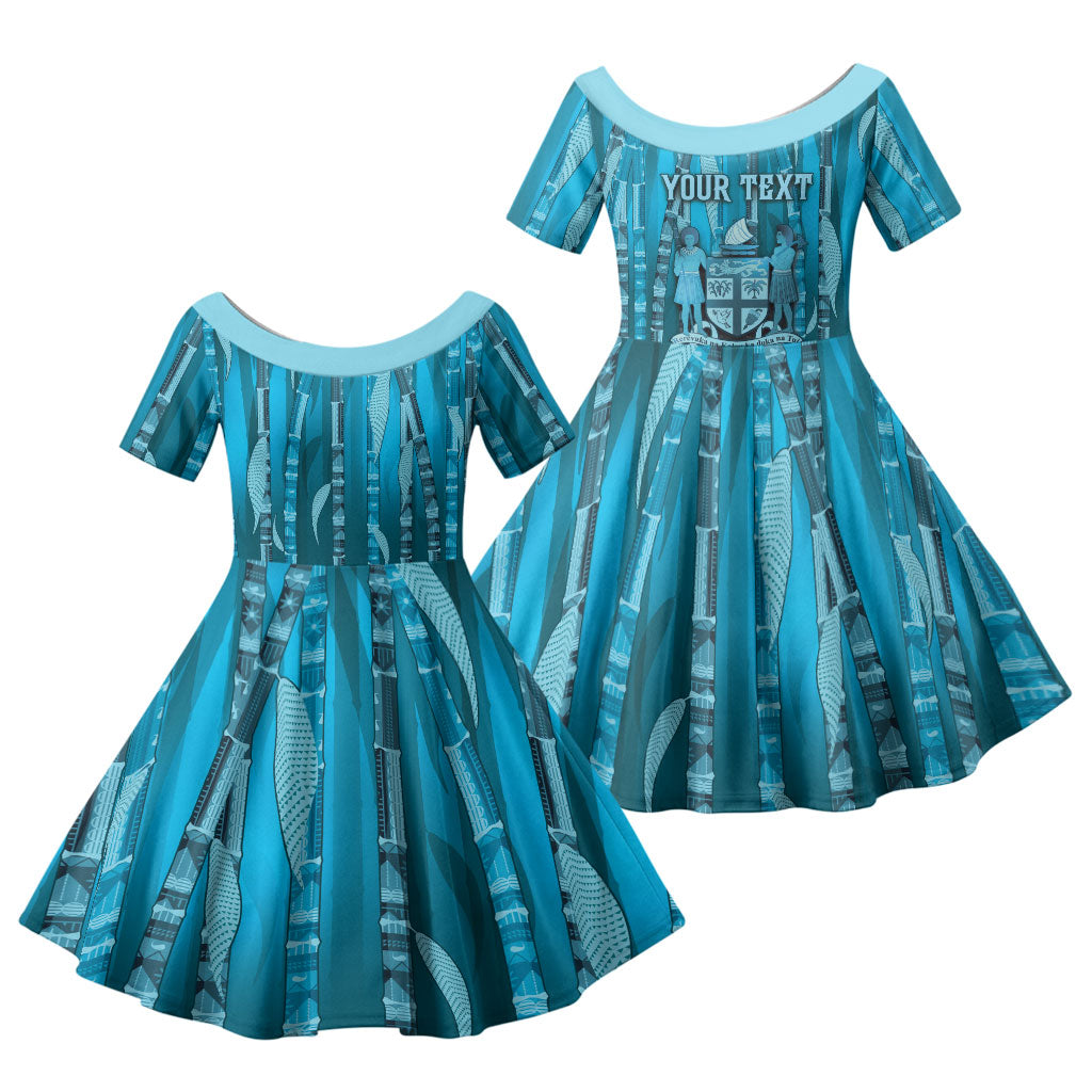 Personalised Fiji Language Week Sugarcane Masi Family Matching Off Shoulder Short Dress and Hawaiian Shirt Blue Tapa Tribal Pattern DT05 Daughter's Dress Blue - Polynesian Pride