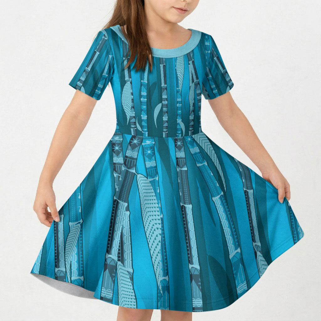 Personalised Fiji Language Week Sugarcane Masi Kid Short Sleeve Dress Blue Tapa Tribal Pattern DT05 KID Blue - Polynesian Pride