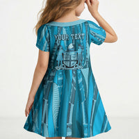 Personalised Fiji Language Week Sugarcane Masi Kid Short Sleeve Dress Blue Tapa Tribal Pattern DT05 - Polynesian Pride