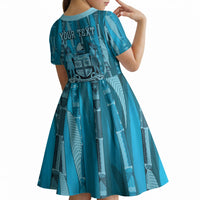 Personalised Fiji Language Week Sugarcane Masi Kid Short Sleeve Dress Blue Tapa Tribal Pattern DT05 - Polynesian Pride
