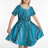 Personalised Fiji Language Week Sugarcane Masi Kid Short Sleeve Dress Blue Tapa Tribal Pattern DT05 - Polynesian Pride