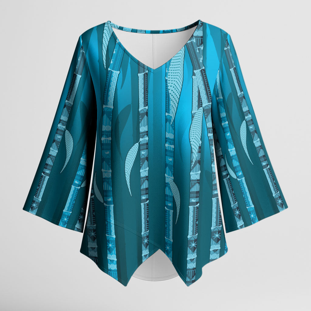 Personalised Fiji Language Week Sugarcane Masi Kimono Sleeve Blouse Blue Tapa Tribal Pattern DT05 Female Blue - Polynesian Pride