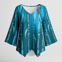 Personalised Fiji Language Week Sugarcane Masi Kimono Sleeve Blouse Blue Tapa Tribal Pattern DT05 Female Blue - Polynesian Pride