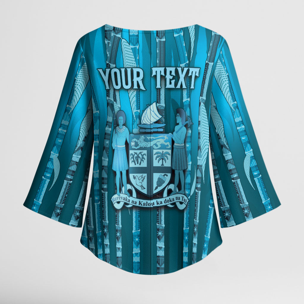 Personalised Fiji Language Week Sugarcane Masi Kimono Sleeve Blouse Blue Tapa Tribal Pattern DT05 - Polynesian Pride