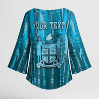 Personalised Fiji Language Week Sugarcane Masi Kimono Sleeve Blouse Blue Tapa Tribal Pattern DT05 - Polynesian Pride