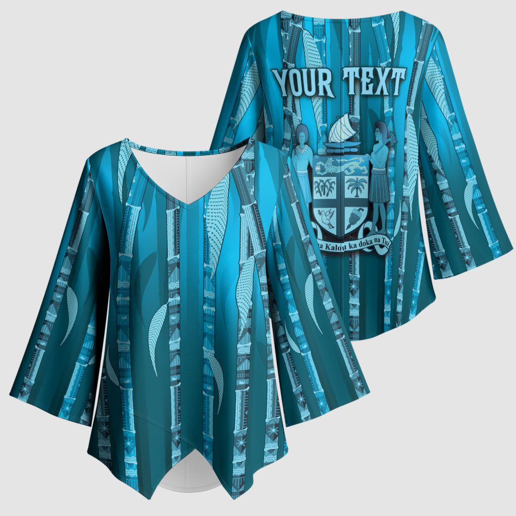 Personalised Fiji Language Week Sugarcane Masi Kimono Sleeve Blouse Blue Tapa Tribal Pattern DT05 - Polynesian Pride