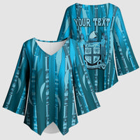 Personalised Fiji Language Week Sugarcane Masi Kimono Sleeve Blouse Blue Tapa Tribal Pattern DT05 - Polynesian Pride