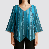 Personalised Fiji Language Week Sugarcane Masi Kimono Sleeve Blouse Blue Tapa Tribal Pattern DT05 - Polynesian Pride