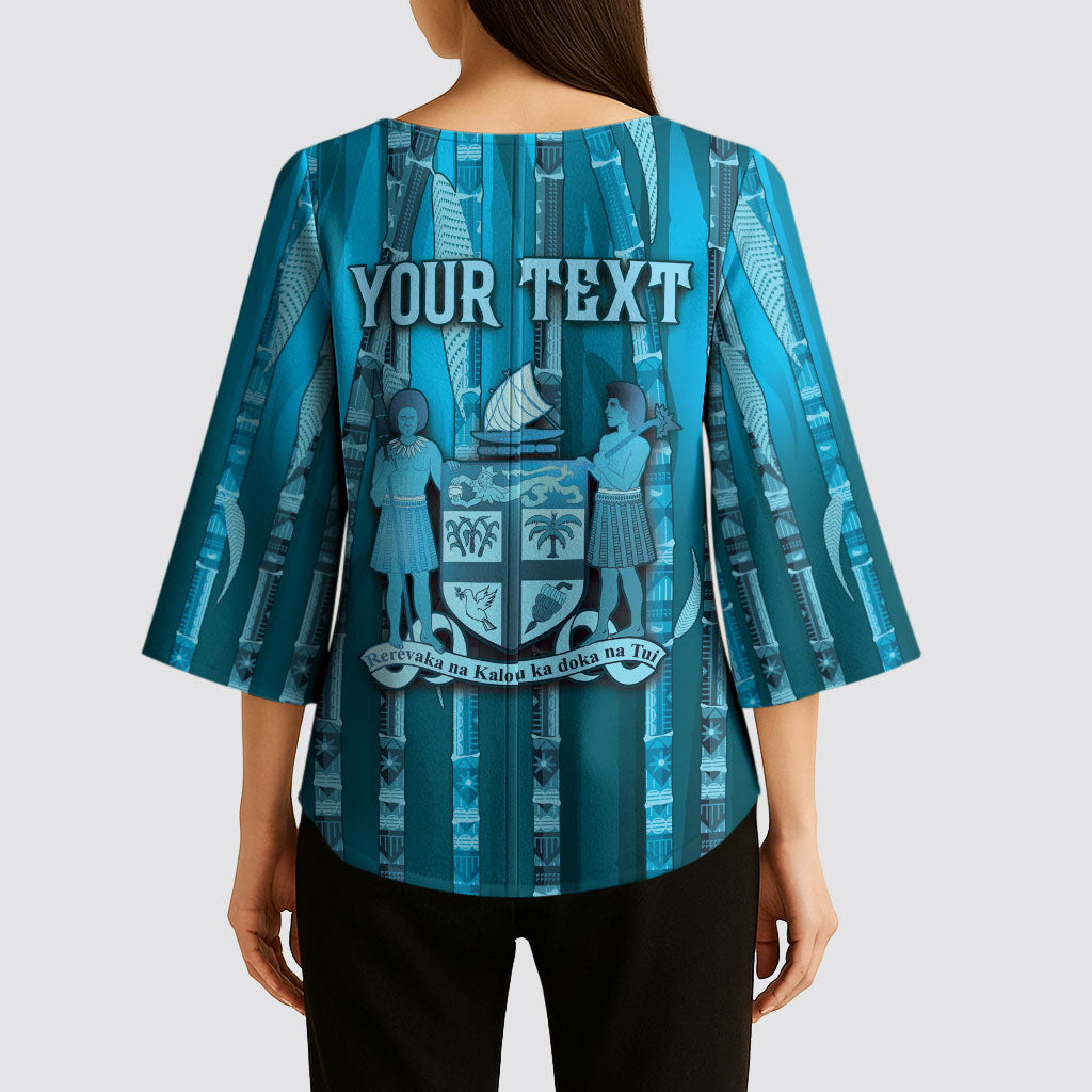 Personalised Fiji Language Week Sugarcane Masi Kimono Sleeve Blouse Blue Tapa Tribal Pattern DT05 - Polynesian Pride