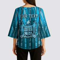 Personalised Fiji Language Week Sugarcane Masi Kimono Sleeve Blouse Blue Tapa Tribal Pattern DT05 - Polynesian Pride