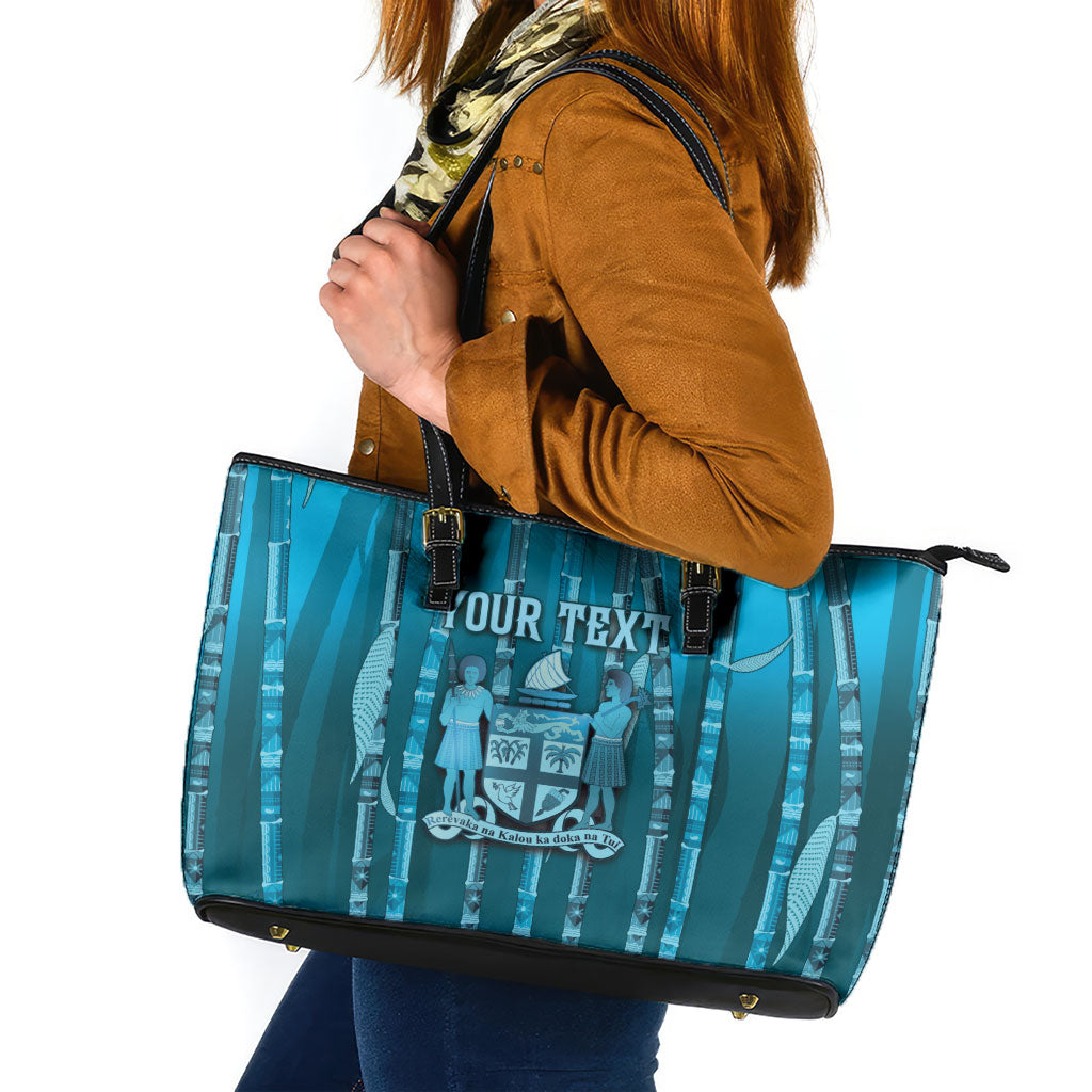Personalised Fiji Language Week Sugarcane Masi Leather Tote Bag Blue Tapa Tribal Pattern DT05 Blue - Polynesian Pride