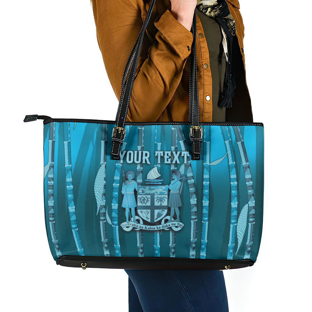 Personalised Fiji Language Week Sugarcane Masi Leather Tote Bag Blue Tapa Tribal Pattern DT05 - Polynesian Pride
